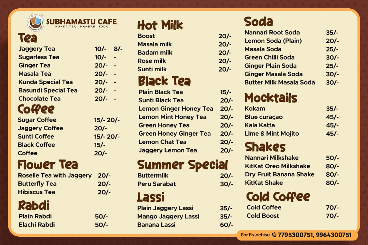 Shubhamastu Cafe Menu Card